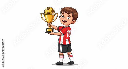 Young soccer player celebrates victory holding golden trophy with joy.
