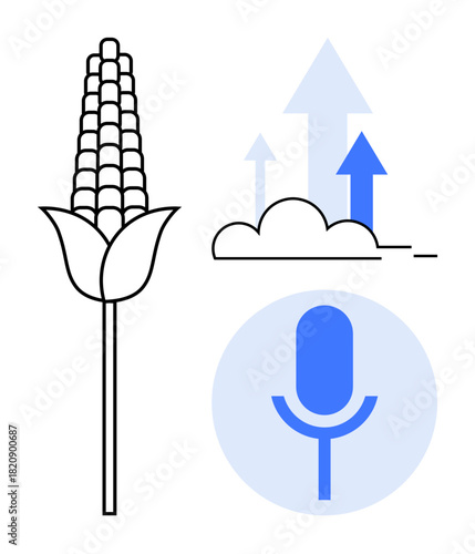 Corn plant, upward arrows symbolizing growth, and a microphone representing technology. Ideal for sustainability, smart farming, innovation, progress, agritech, data-driven agriculture simple flat