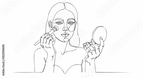 Woman applying makeup with brush and mirror line art.