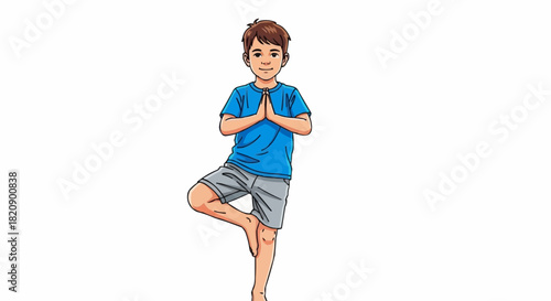Young boy practicing yoga in a balanced tree pose illustration.