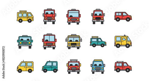 Collection of various cartoon vehicles illustrations on white background
