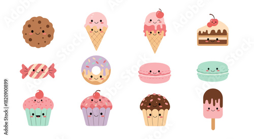 Collection of various sweet treats desserts with smiling faces on white background