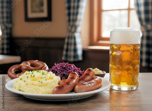 German classical dinner food Mashed potatoes Sauerkraut Sausages Craft Cold beer neural network generated image macro background