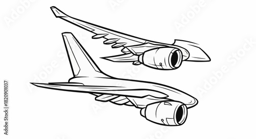 Detailed Line Art Illustration of Aircraft Wings and Engines.