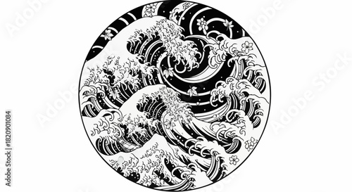Intricate black and white circular wave illustration depicting ocean power and beauty.