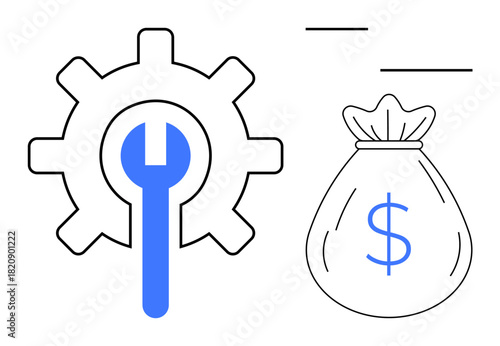 Gear and wrench portraying tools and mechanics next to a money bag with a dollar sign, representing investment, profit, and economic repair. Ideal for finance, maintenance, technology, success