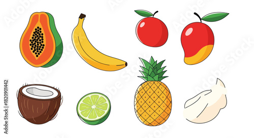 Colorful assortment of tropical fruits on a clean white background