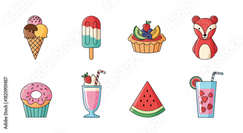 Colorful assortment of sweet treats and summer icons isolated on white