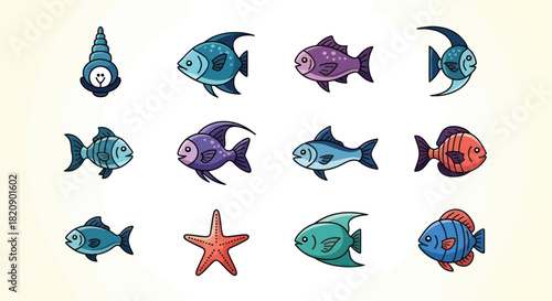 Colorful cartoon fish and starfish set for aquatic design elements