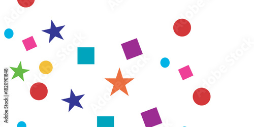 lively mix of colorful geometric shapes—stars, dots, and squares—floats freely, forming a fun, festive backdrop with a bold, childlike charm and dynamic visual rhythm.