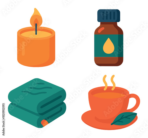 Cozy relaxation essentials – candle, essential oil, coffee, and book