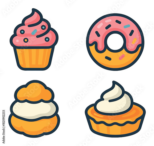 Colorful cartoon desserts: cupcake, donut, cream puff, and tart icons