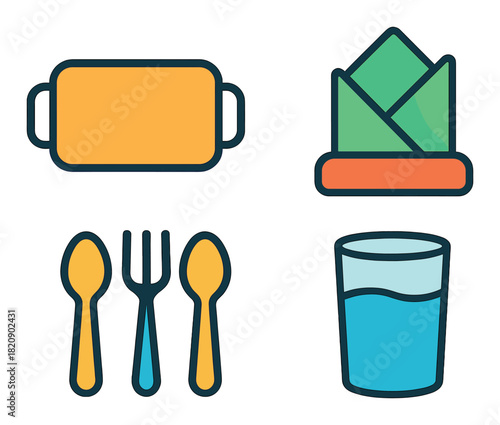 Colorful kitchen utensils and tableware icons on dark background