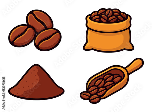 Coffee illustration: beans, ground coffee, burlap sack, wooden scoop