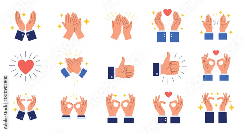 Set of positive hand gesture icons including clapping hands thumbs up okay sign and heart hands to show approval and love.