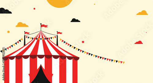 Simple and cheerful illustration of a red and white striped circus tent with a festive garland against a yellow sky backdrop.