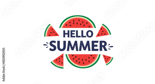 Fun and refreshing Hello Summer logo design with the text surrounded by slices of juicy red watermelon on a white background.