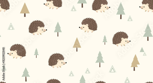 Seamless woodland pattern with cute cartoon hedgehogs and stylized pine trees creating a gentle and sweet background for children.