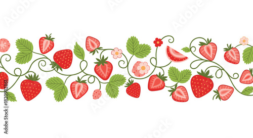 Beautiful seamless horizontal border of ripe red strawberries green leaves and delicate pink flowers on a white background.