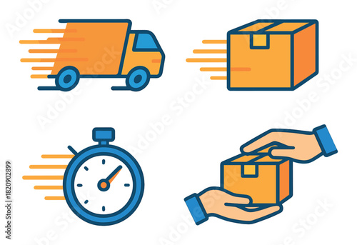 Fast delivery icons with truck, package, stopwatch, and hands