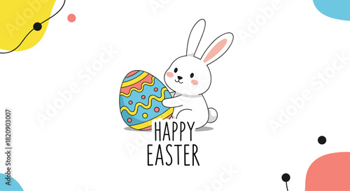 Adorable cartoon bunny hugging a colorful decorated egg for a Happy Easter greeting card with modern abstract shapes vector.
