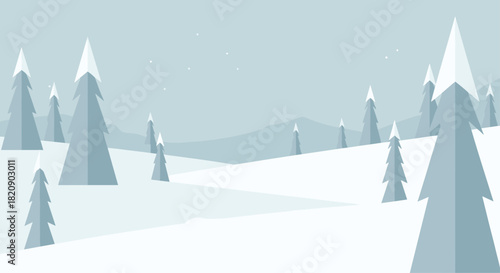 Serene winter landscape with snow-covered hills and geometric pine trees under a pale sky in a minimalist flat design style.