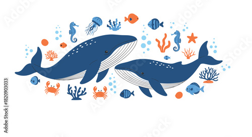 Beautiful underwater scene with two large blue whales surrounded by colorful fish crabs jellyfish and coral reef elements.