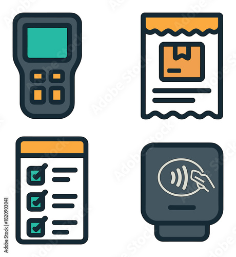 Stylized icons of barcode scanner receipt qr code contactless payment