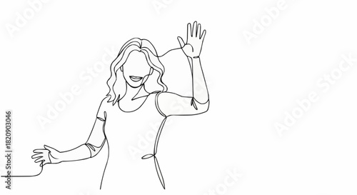 Single Line Drawing of a Woman Waving Hello.