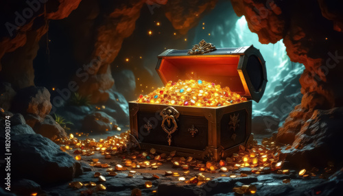 Wallpaper Mural Cave with an open treasure box filled with shiny gold Torontodigital.ca