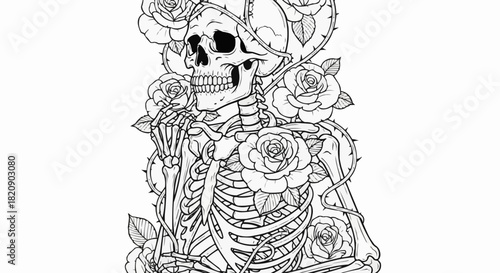 Intricate skeleton adorned with roses, a gothic floral artwork.