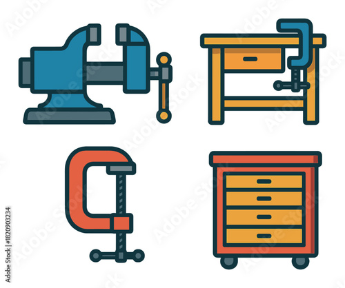 Colorful workshop tools: vice and clamps icons on wooden background
