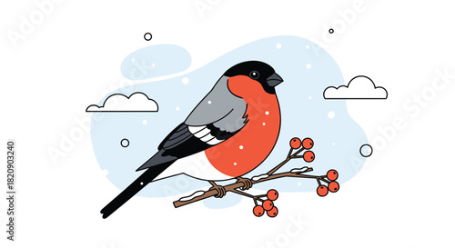 Beautiful cartoon illustration of a red bullfinch bird perched on a snowy rowan berry branch during a winter snowfall.