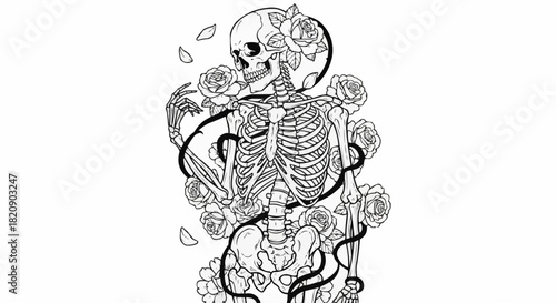 Skeleton Embraced by Roses - A Dance of Life and Mortality.