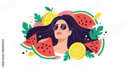 Stylish modern portrait of a beautiful woman in sunglasses surrounded by fresh watermelon lemon slices and tropical leaves.