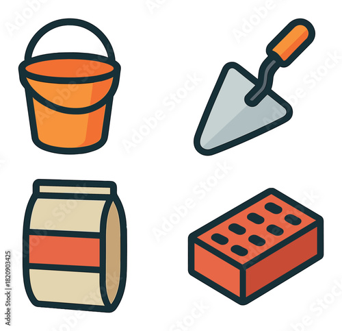 Construction tools icons featuring brick, trowel, bucket, and cement bag