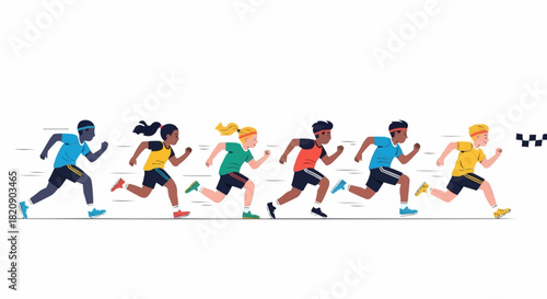 Diverse group of children running a race towards the finish line.