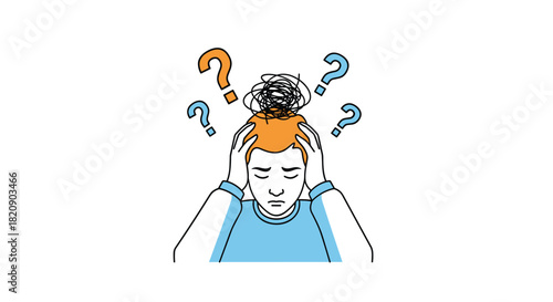 Stressed and confused man holding his head with a tangled scribble and question marks floating above him showing anxiety.