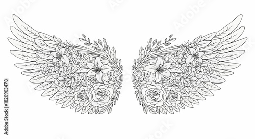Intricate Floral Angel Wings Illustration.