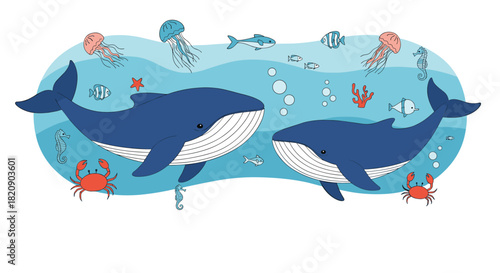Charming underwater scene with two cartoon blue whales swimming among jellyfish crabs seahorses and colorful coral reefs.