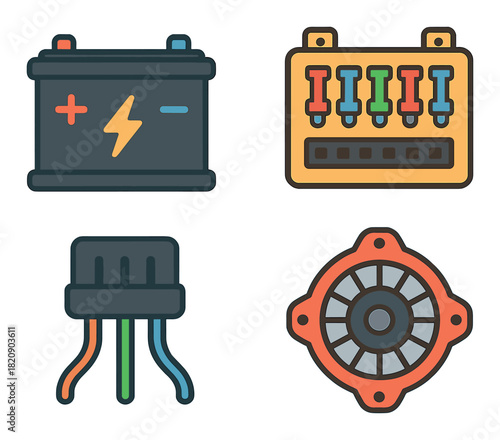 Battery fuse box wiring connector components icons illustration