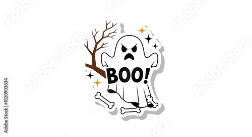 Spooky and cute Halloween ghost sticker with an angry face saying "Boo!" surrounded by a bare tree bones and stars.