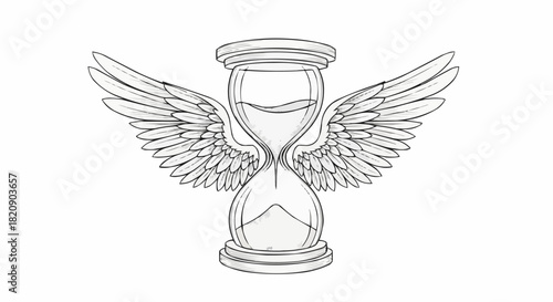 Monochrome line art drawing of an hourglass with feathered wings.