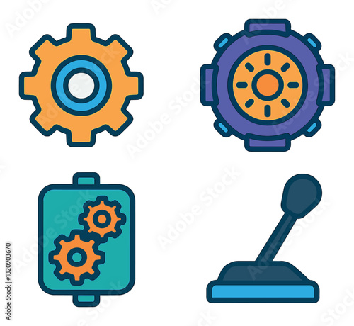 Colorful gear and control icon set on dark background