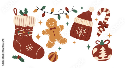 Cozy collection of cute Christmas elements including a stocking gingerbread man candy cane and decorations in a warm color palette.