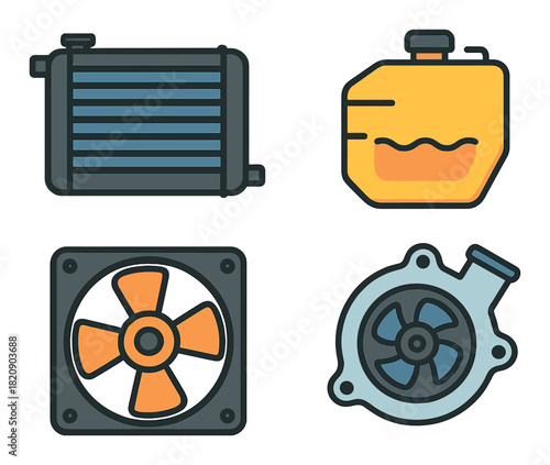Automotive cooling system components icons: radiator, reservoir, fan, pump