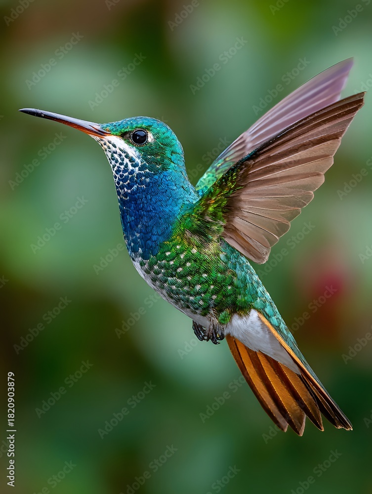 Fototapeta premium Vibrant hummingbird in flight showcasing iridescent green blue feathers with detailed wings and background blur effect