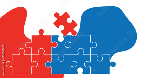 Abstract concept of teamwork and problem solving with red and blue puzzle pieces coming together to form a complete shape.