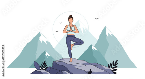 Calm woman practicing yoga in the tree pose on a rock with a beautiful mountain and bird landscape in the background.