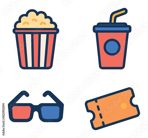 Movie night essentials: popcorn, drink, 3d glasses, and ticket icons